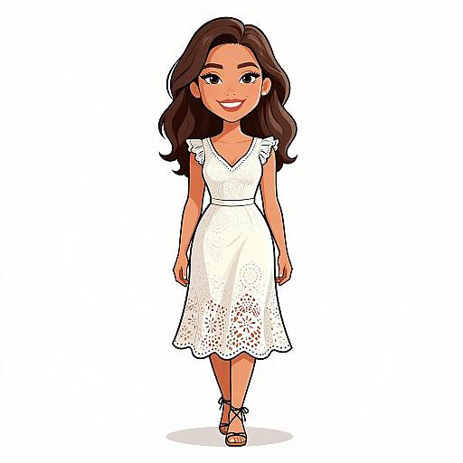 Digital cartoon of a smiling woman with long brown hair, wearing a white lace dress and sandals, standing against a plain white background.
