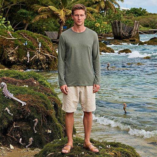 Photograph of a caucasian man with short brown hair, wearing a green long-sleeve shirt, beige shorts, and sandals, standing on