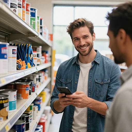 Photograph of a smiling, brown-haired man in a blue denim shirt, holding a phone, standing in a brightly lit grocery aisle, talking to a