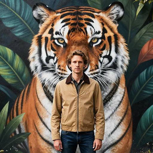 Man Standing in Front of Tiger Mural