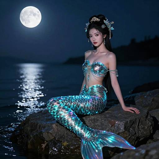 Asian Mermaid on Moonlit Shore