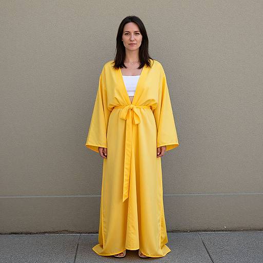 Photograph of a pale-skinned woman with black hair, wearing a bright yellow, long-sleeved, loose robe over a white top, standing