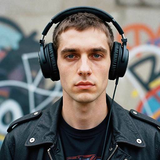 Photograph of a young white man with short brown hair, blue eyes, wearing black headphones and a black jacket, standing against a graffiti-covered wall.