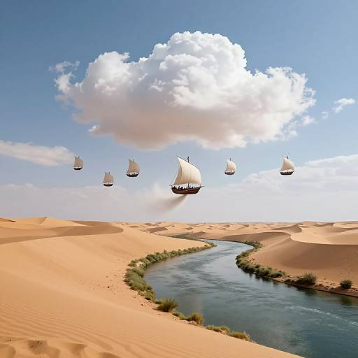 Photograph of a desert with golden sand dunes, a winding river, and seven sailboats with white sails floating in the sky above a large white