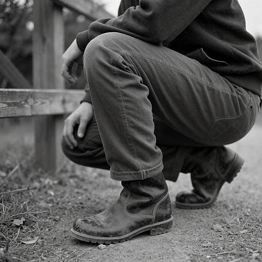 Gritty B&W Crouching Figure in Boots