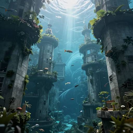 Digital artwork of a lush, underwater city with towering, moss-covered skyscrapers, sunlight filtering through, and colorful fish swimming among them.