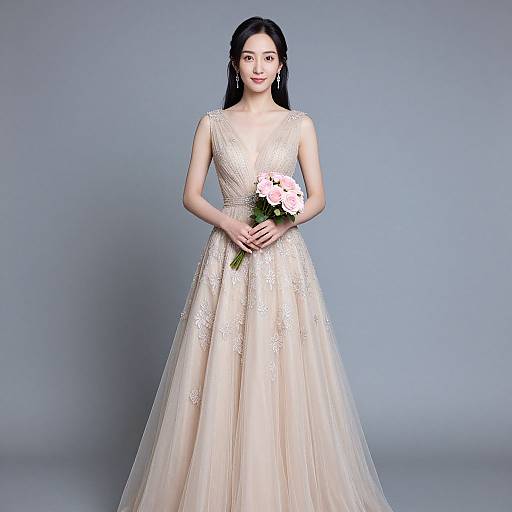 East Asian woman in elegant, sleeveless, ivory wedding gown with lace detail, holding pink roses, standing against gray backdrop. Photograph.