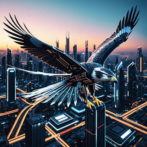 Cybernetic Falcon Over Futuristic City