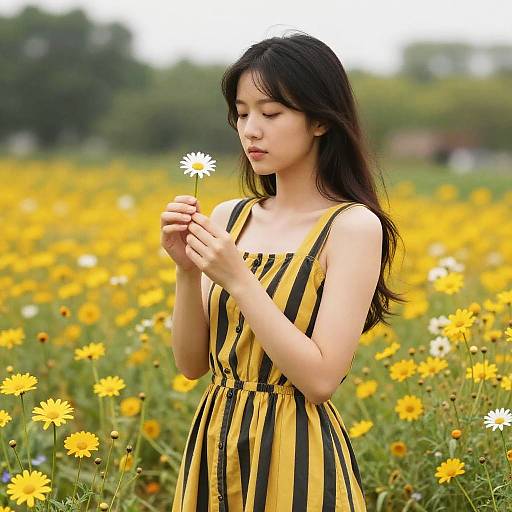 Young Asian woman with long black hair, wearing a black-and-yellow striped dress, gently holds a white daisy in a vibrant yellow wildflower field.