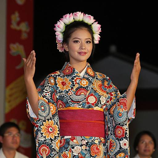Photograph of an Asian woman in a colorful floral kimono, wearing a pink and white flower crown, raising her hands, with a red obi