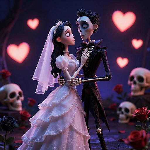 Victorian Bride and Skeletal Groom Embrace
