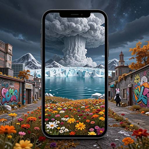 Photograph of a city alley with vibrant graffiti, colorful flowers, and a large smartphone screen displaying a dramatic, cloudy volcanic eruption over icy waters with snow