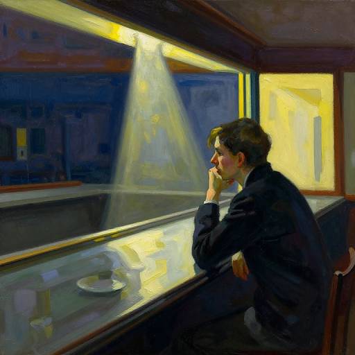 Oil painting of a contemplative man in a dark suit, leaning on a bar counter, illuminated by a beam of light.