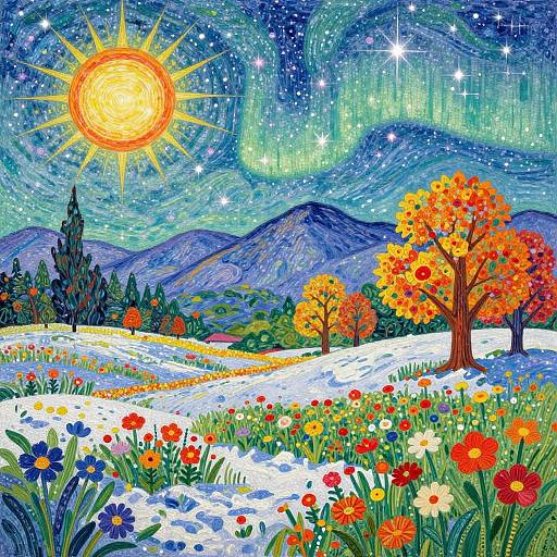 Whimsical Aurora Landscape in Pointillism