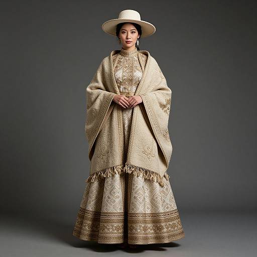 Photograph of an elegant Asian woman in a detailed, gold embroidered traditional dress with a wide, beige shawl and white hat, standing against a dark