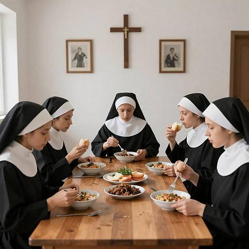 Nuns Gathered Around a Wooden Table