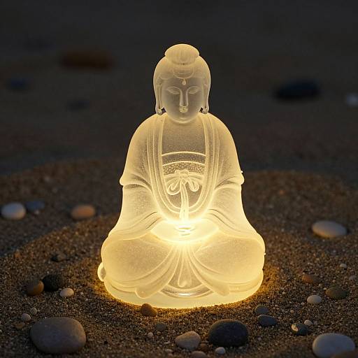 Photograph of a glowing, translucent Buddha lamp sitting on a dark, pebbled beach, illuminating surrounding smooth stones.