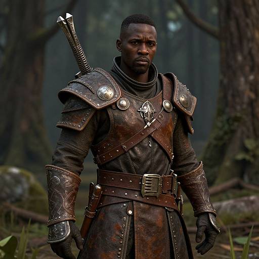 Photorealistic CGI of a serious, muscular Black man in medieval armor with a sword, standing in a dark, forested area.