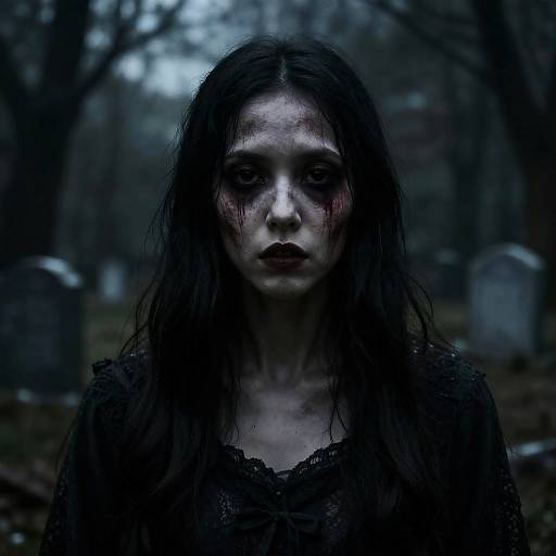 Photograph of a pale, dark-haired woman with eerie, black-painted eyes and lipstick in a dilapidated, foggy graveyard, wearing a