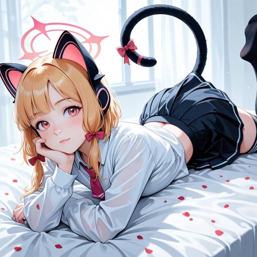 Polka Dot Cat Girl in Pleated Skirt