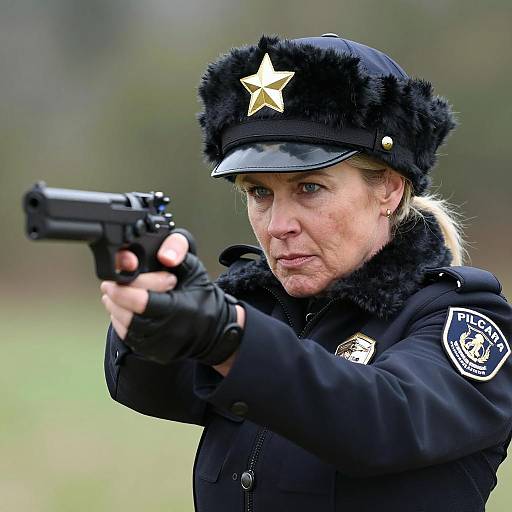 Intense Middle-Aged Woman in Police Gear