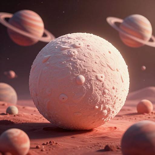 Digital CGI of a textured, cratered pink planet centered in a red-hued, asteroid-filled space, with glowing rings in the background.