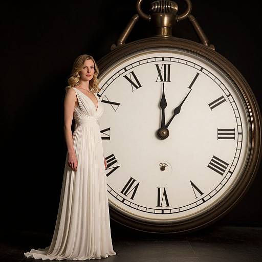 Photograph of a blonde woman in a white, sleeveless, pleated evening gown standing beside a large, antique-style clock with black Roman numerals