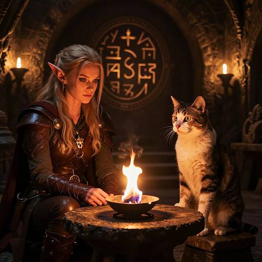 Digital artwork of a blonde elf with pointed ears, wearing dark armor, sitting beside a burning cauldron with a tabby cat, in a dim