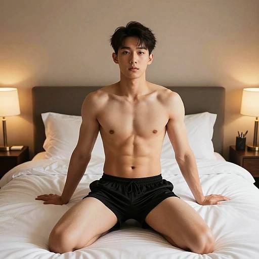 Shirtless Young Man Sitting on Bed