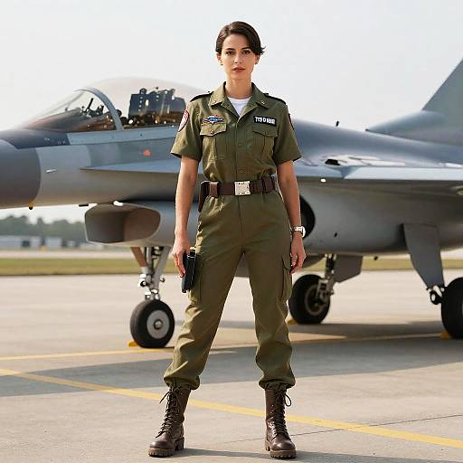Woman in Top Gun Costume Standing by Fighter Jet