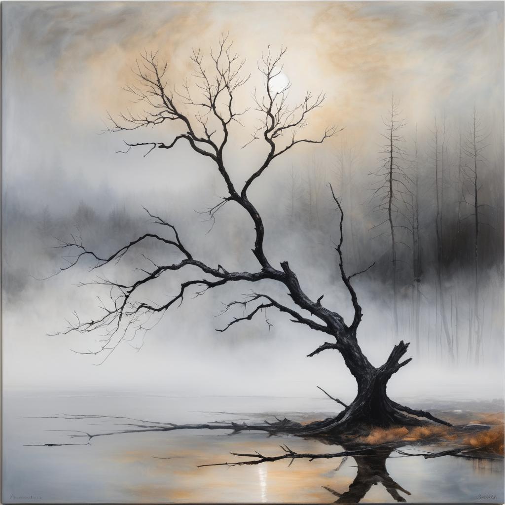 Misty Symbolism: Charred Branch by Lake