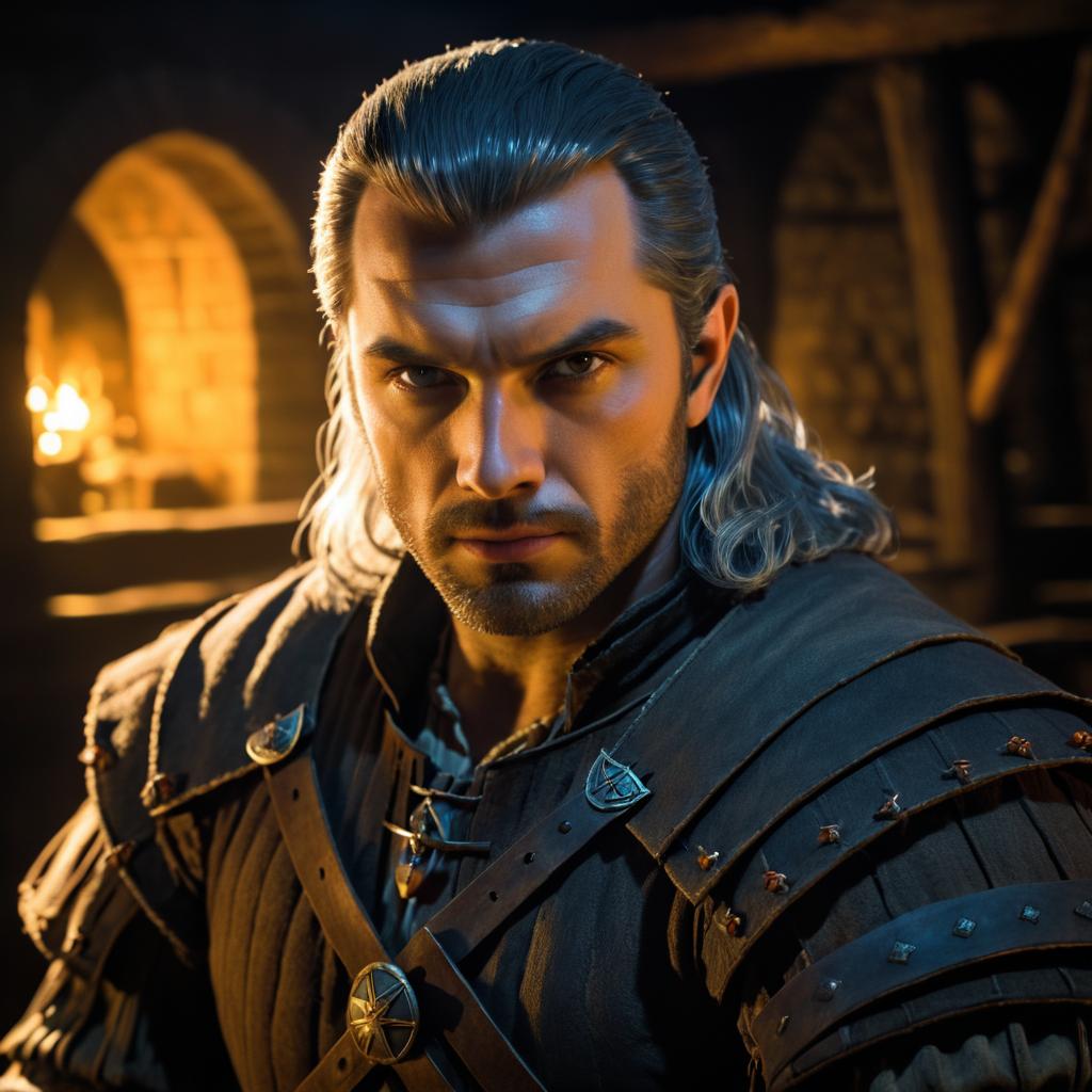 Brooding Witcher Portrait in Medieval Tavern