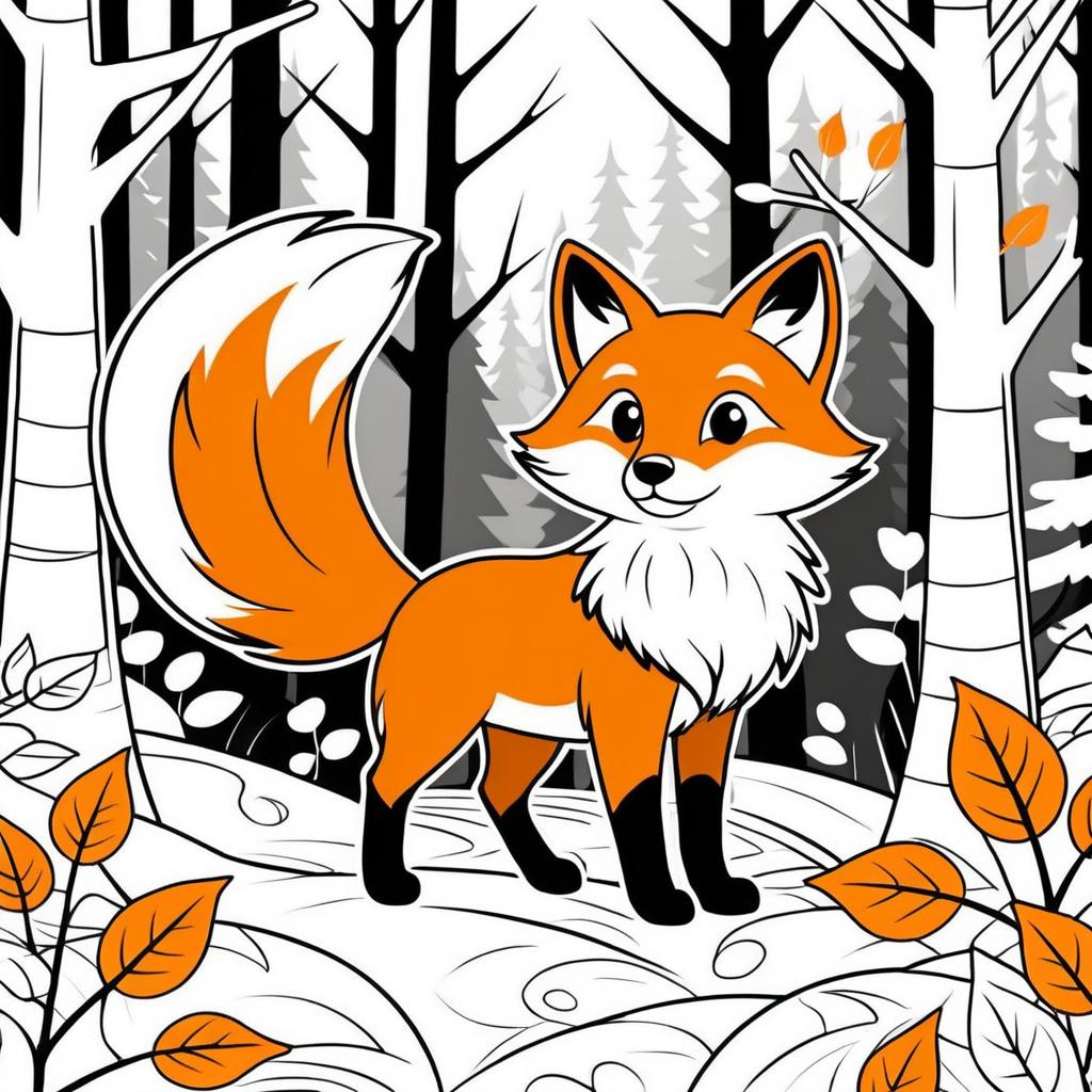 Playful Fox in Autumn Forest Coloring Page