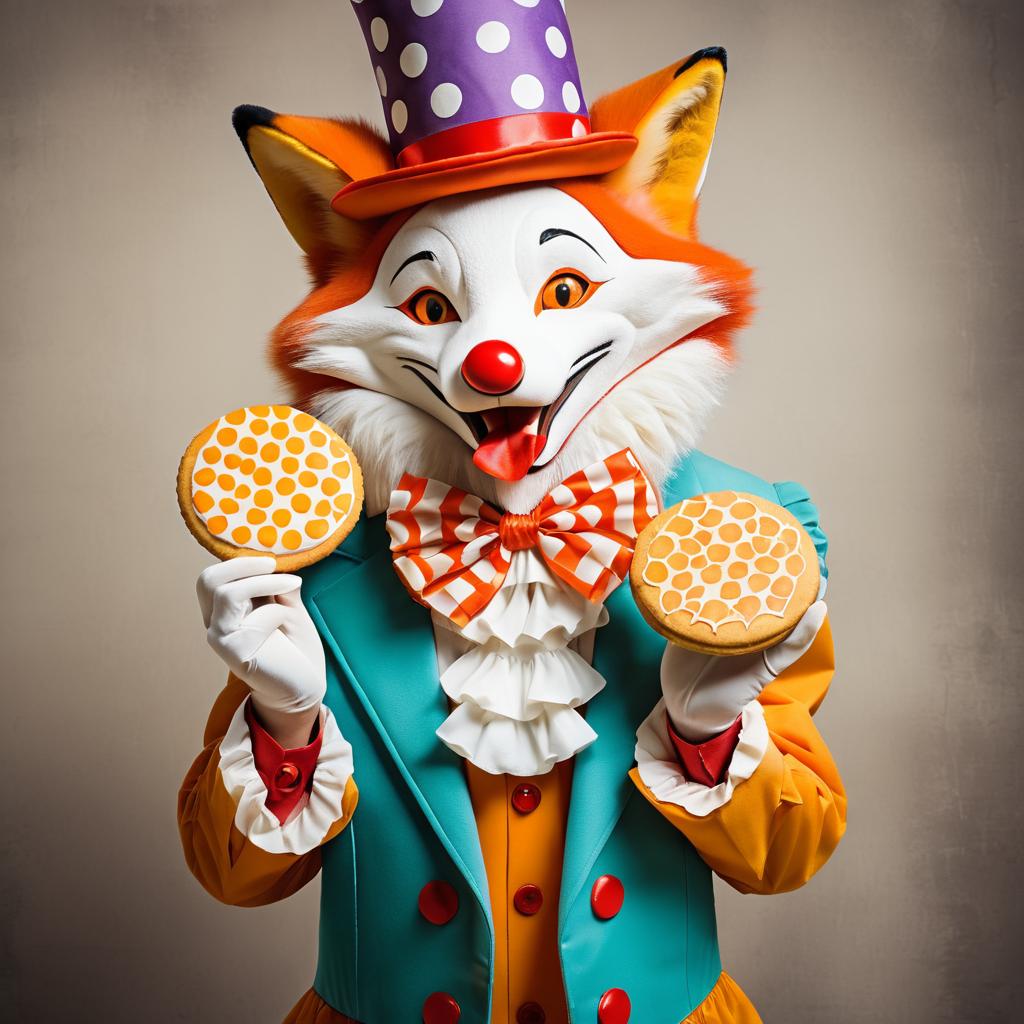 Whimsical Fox Clown Enjoying a Cookie