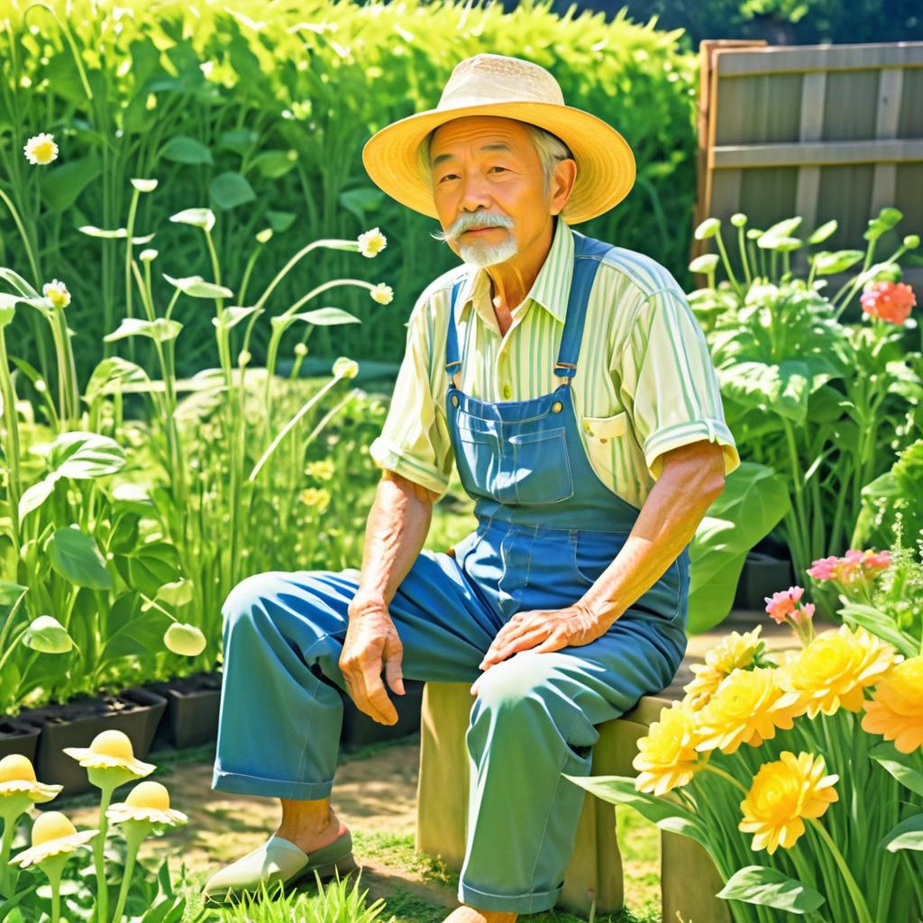 Elderly Gardener in a Vibrant Backyard