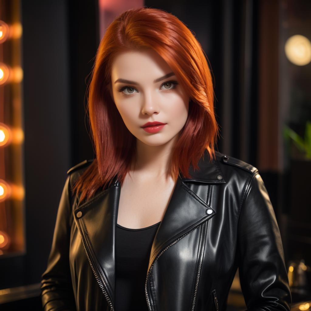 Chic Woman with Red Hair and Leather Jacket