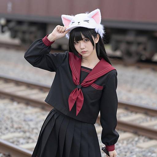 Serious Asian Girl in School Uniform