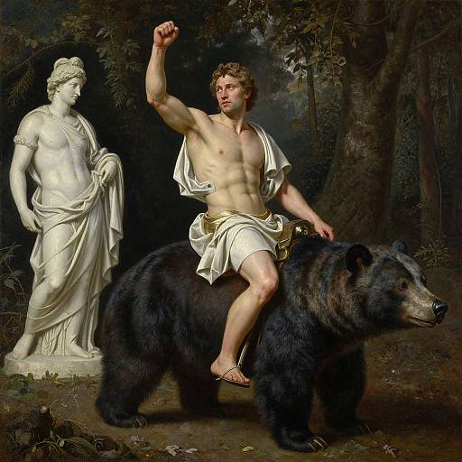 Neoclassical painting of a muscular, shirtless man with curly hair, riding a black bear, raising his fist, beside a white marble statue