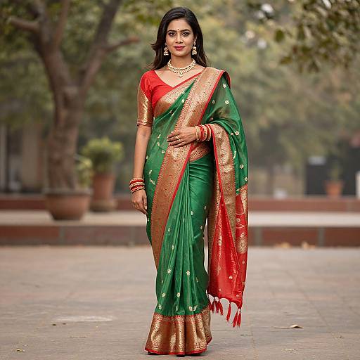Photograph of a confident Indian woman in a green and red traditional saree, gold embellishments, red blouse, jewelry, walking outdoors.