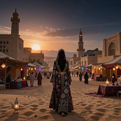 Photograph of a woman in a patterned black robe, facing a bustling Middle Eastern market at sunset with illuminated lanterns and historic architecture.