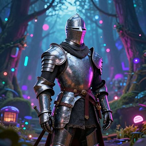 Photorealistic CGI of a knight in shiny, reflective silver armor with a black scarf, standing in a mystical forest with glowing blue and pink lights.