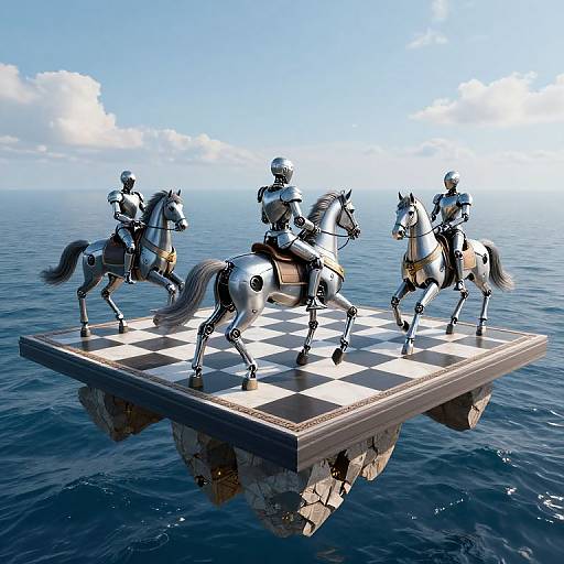 Digital artwork: Four robotic knights on white horses playing chess on a floating island above a blue ocean with a bright sky.