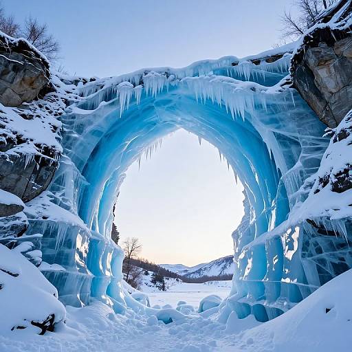Crystalline Ice Arches Over Snowy Cliffs