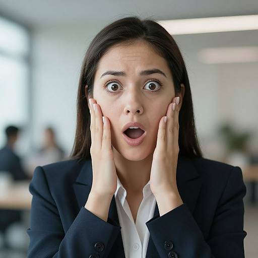 Photograph of a surprised woman with long dark hair, wearing a black blazer and white shirt, with hands on cheeks, wide eyes, and open