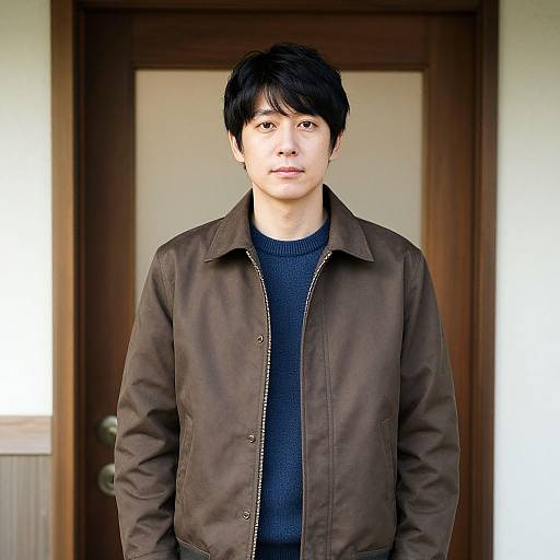 Photograph of an Asian man with black hair, wearing a brown jacket and navy sweater, standing in front of a wooden door.