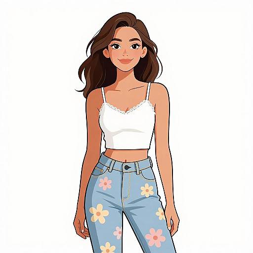 Digital illustration of a smiling young woman with long brown hair, wearing a white lace-trimmed crop top and light blue floral jeans, standing against a