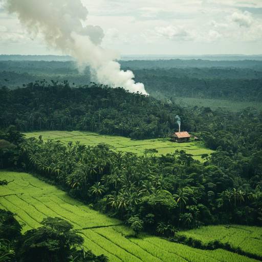 Dreamlike Tropical Jungle Landscape with House and Smoke