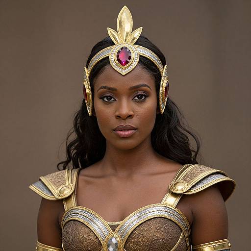Photograph of a dark-skinned woman with long black hair, wearing gold and red jeweled crown, ornate golden armor, and serious expression,
