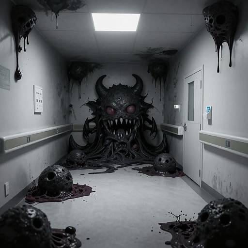 Photograph-style digital artwork of a dimly lit, eerie hallway with a monstrous, black, horned creature at the end, surrounded by dripping blood