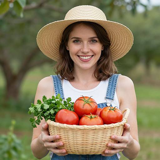 Photograph of smiling woman in straw hat, white shirt, denim overalls, holding wicker basket of fresh tomatoes and parsley in garden.